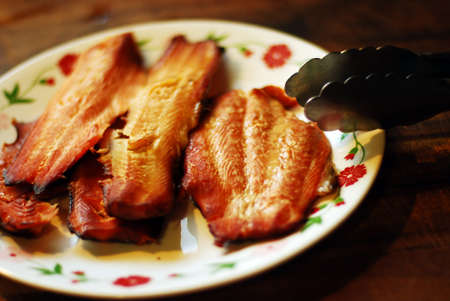 Beautiful pink juicy fillet of rainbow troutの写真素材