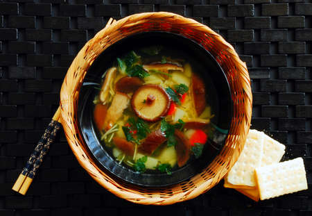 delicious fresh Shiitake Mushroom soup in a beautiful bowlの写真素材