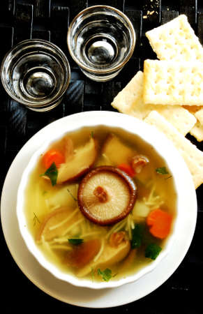 delicious fresh Shiitake Mushroom soup in a beautiful bowlの写真素材