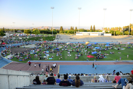 Huge amount of people in one place at the festival fireworks in America.のeditorial素材