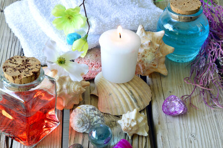 Spa salon towel shell aromatherapy treatment relaxation.の写真素材