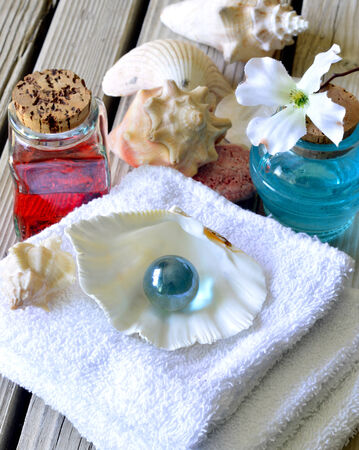 Spa salon towel shell aromatherapy treatment relaxation.の写真素材