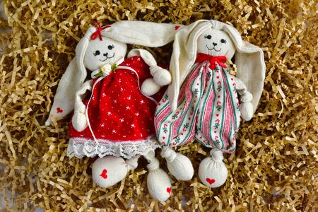 Textile soft toys dolls hares rabbits  Easter bunny decorの写真素材