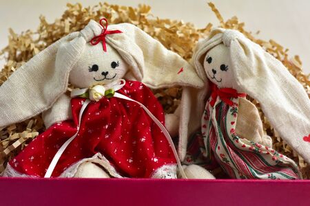 Textile soft toys dolls hares rabbits  Easter bunny decorの写真素材