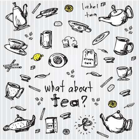 Tea set elements. hand-drawn illustration. のイラスト素材