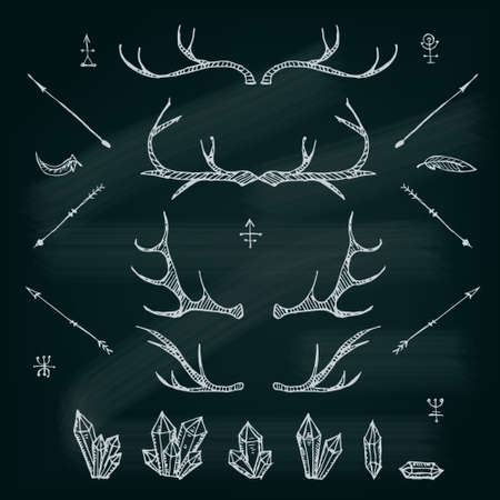 Horns, crystals, arrows, feather Illustrated design elements setのイラスト素材