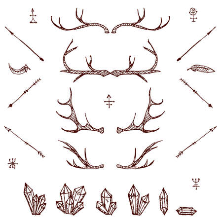 Horns, crystals, arrows, feather Illustrated design elements setのイラスト素材