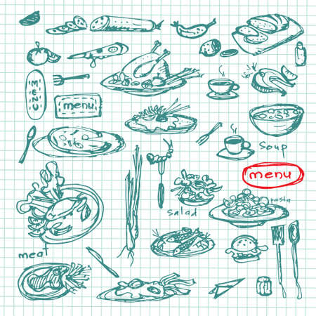 Meal sketch set. Decorative hand drawn restaurant menu collectionのイラスト素材