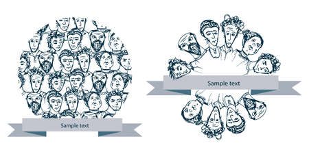 Vector doodle round banners with peopleのイラスト素材