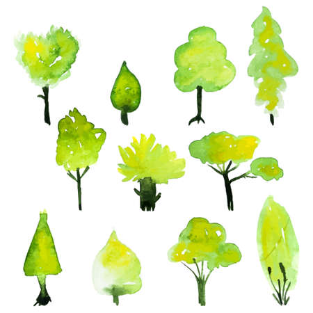 Eco set of watercolor green trees. Vector illustrated spring tree collectionのイラスト素材