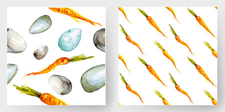 Seamless Easter pattern with eggs and carrots. Watercolor background. 100% vector illustrated