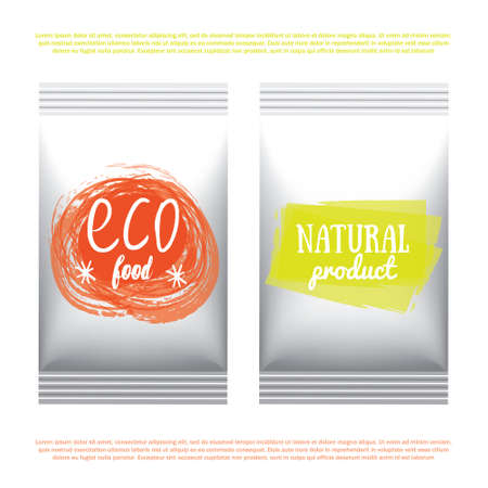 Plastic vegetarian and raw food diet designs pack. Vector illustrated bio detox meal package. Foil organic products packaging template.のイラスト素材