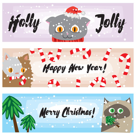 Vector Christmas banners with funny cats. Cute kittens New Years background collection. Cartoon holiday template for your design. Illustrted banners for websiteのイラスト素材