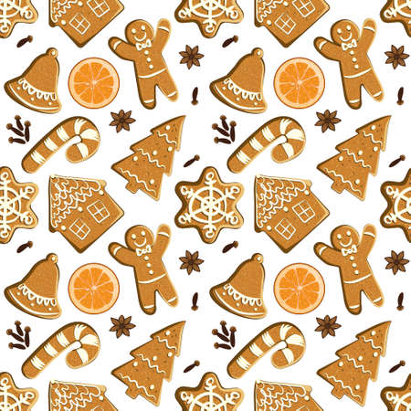 Seamless pattern with gingerbreads, orange slices and spices. Vector Christmas tiled background. Winter wrapping paper texture with illustrated homemade bakery: ginger man, snowflake, candy caneのイラスト素材