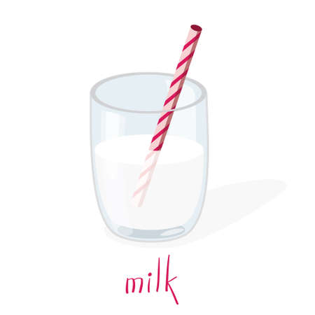 Cartoon glass of milk. Vector illustration. Milk with pink straw isolated on white backgroundのイラスト素材