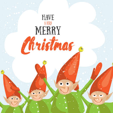 Little Santa helpers wish you a Merry Christmas. Vector illustrated greeting card. Decorative poster template with little elfs. Holiday invitation. New Years party poster design.のイラスト素材