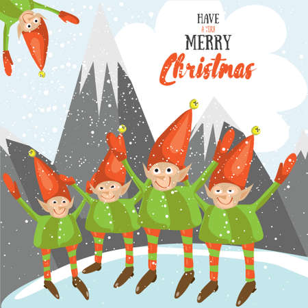 Little Santa helpers wish you a Merry Christmas. Vector illustrated greeting card. Decorative poster template with little elfs. Holiday invitation. New Years party poster design.のイラスト素材