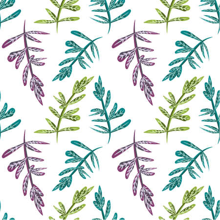 Seamless natural background with blue, green and violet leaves. Tile botanical pattern. Vector illustrated tiled wallpaper. Decorative wrapping paper textureのイラスト素材