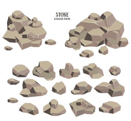 Cartoon stone set. Brown rock with green grass collection. Vector illustration isolated on white background.のイラスト素材
