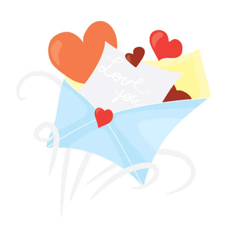 Cartoon valentines day romantic mail.   Open envelope with hearts and recognition. Holiday flat vector design,  on white backgroundのイラスト素材