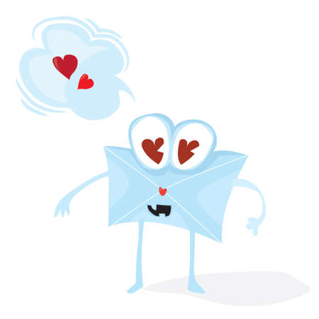 Cartoon valentines day romantic mail. Cute funny envelope character. Holiday flat vector design on white backgroundのイラスト素材
