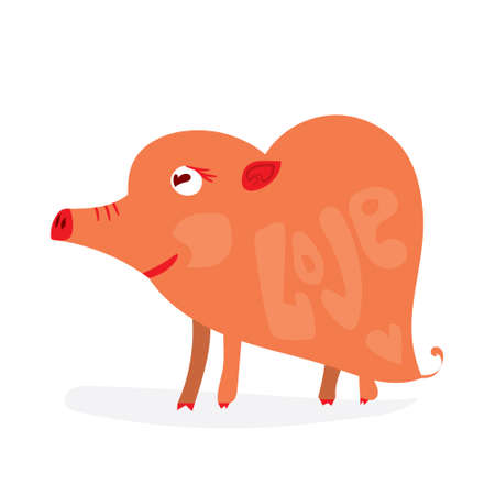 Valentines Day illustration with cute pig in  heart shape.  Flat vector design  on white background.のイラスト素材