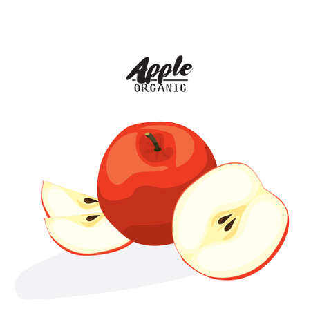 Cartoon apple. Ripe red fruit. Vegetarian delicious. Eco organic food. Flat vector design, isolated on white background.のイラスト素材