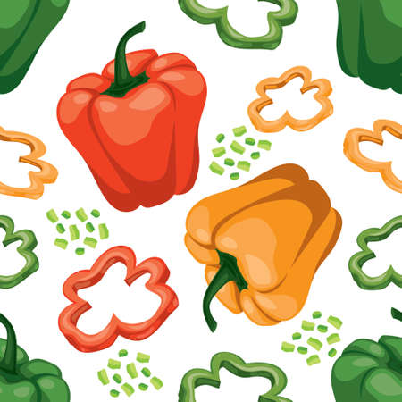 Seamless  vegetable background with red, green and yellow sweet peppers on white. Flat vector tile pattern. Vegetarian wrapping paper texture.のイラスト素材
