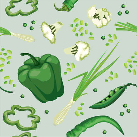 Seamless green vegetable background with sweet pepper, peas, hot pepper, green onion and cauliflower on blue. Flat vector tile pattern. Vegetarian wrapping paper texture.のイラスト素材