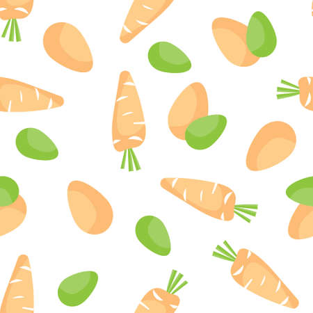 Seamless Easter background. Tile holiday pattern. Vector illustrated tiled wallpaper. Decorative wrapping paper texture with cartoon colored eggs and carrots.のイラスト素材