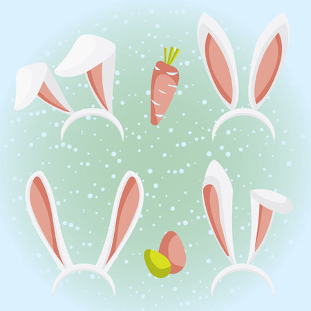 Bunny ears set. Flat vector illustration. Traditional Easter equipment. Fluffy cute bunny ears, colored eggs and carrot isolated on white backgroundのイラスト素材