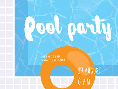 Pool party poster design template. Flat vector illustration with swiming pool and modern lettering elements.のイラスト素材