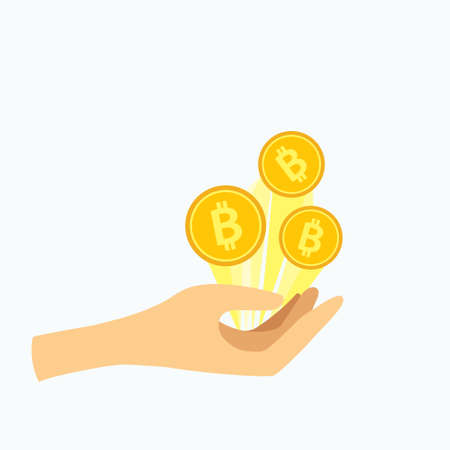 Flat illustration with a hand holding golden bitcoin. BTC coin with letter B symbol. Cryptocurrency coin simple vector design.のイラスト素材