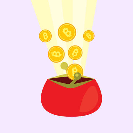 Flat illustration of golden bitcoins falling in the red wallet. BTC coin with letter B symbol. Cryptocurrency coin simple vector design.のイラスト素材