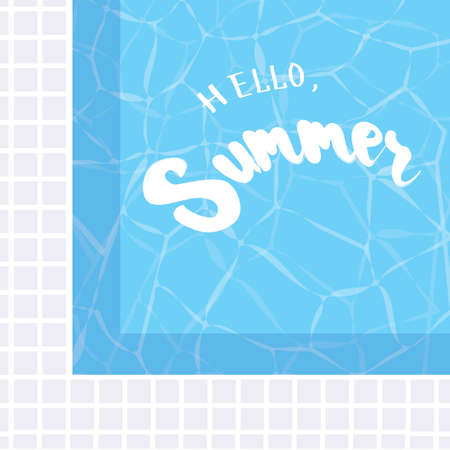 Hello, Summer. Holiday greeting card with  tropical palm leaves,swimming pool and calligraphy elements. Handwritten modern lettering with cartoons background. Vectorのイラスト素材