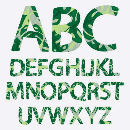 Tropical alphabet made of banana palm leaves. Hand drawn green paradice abc. Natural summer letters. Vector illustrated designのイラスト素材