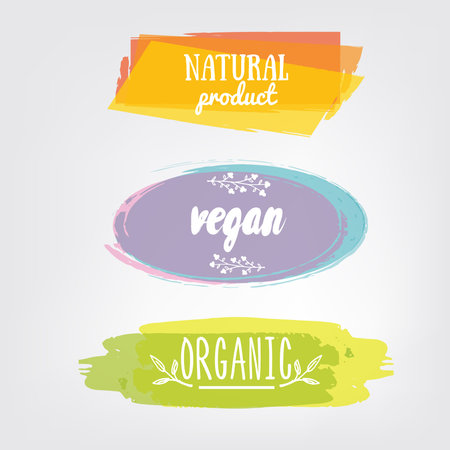 Labels with vegetarian and raw food diet designs. Organic food tags and elements set for meal and drink,cafe, restaurants and organic products packaging.Vector illustrated bio detox logoのイラスト素材