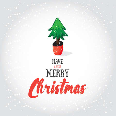 Have a very merry Christmas! Vector illustrated greeting card template, post card design, invitation, envelopment, poster background with cartoon christmas tree and decorative winter letteringのイラスト素材