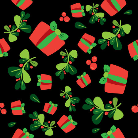 Seamless winter pattern with a red gift boxes and holli berries . Flat vector Christmas background...