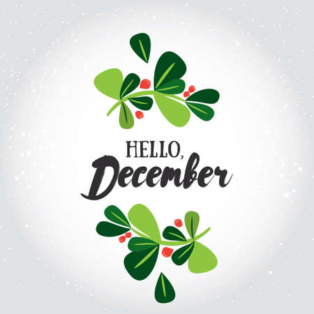 Hello, December! Vector illustrated greeting card template, post card design, invitation, envelopment, poster background with cartoon holly berry and decorative winter letteringのイラスト素材