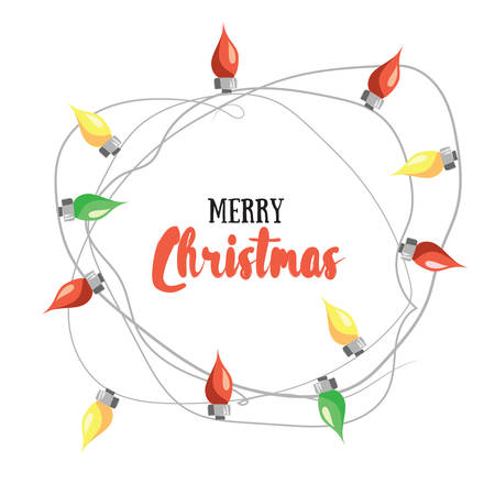 Merry Christmas! Vector illustrated greetin card with electric lamp garland. Colorful holiday party poster design. Decorative invitation template. Multicolor lighting bulb backdrop.のイラスト素材