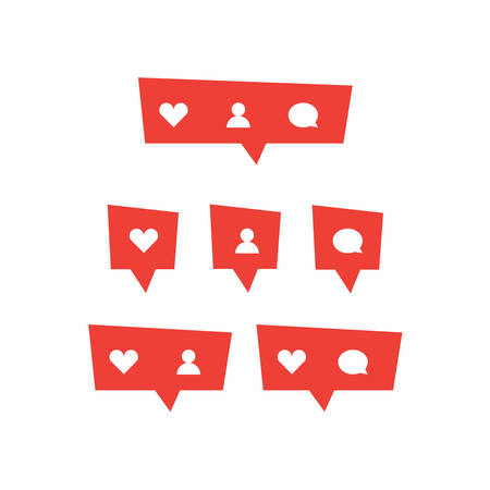 Red social media bubble shape with like heart, follower person, and comment icon. Simple flat design. Vector illustretedのイラスト素材