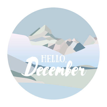 Hello, December! Vector illustrated greeting card template, post card design, invitation, envelopment, poster background with winter north mountain landscape and decorative letteringのイラスト素材