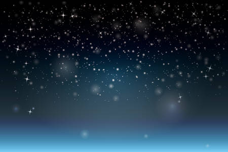 Christmas night. Snowfall sparkle abstract background with snowflakes and stars on dark blue. Winter shiny snow design template. Simple vector illustration backdrop for your design.のイラスト素材