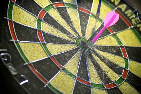 Dartboard and a pink dart arrow close to the center. reaching goals step by step.の写真素材