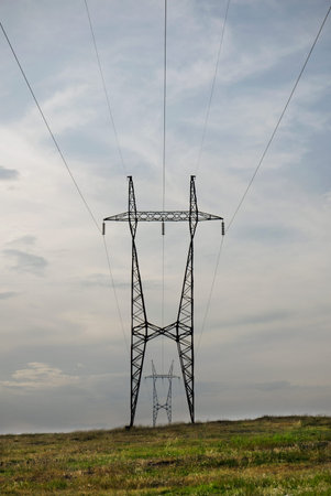 High voltage lines. Electricity pole.