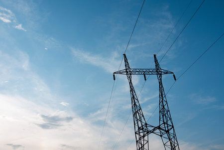 High voltage lines. Electricity pole.