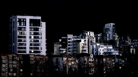 Evening towncape with various residential buildings. Residential building's view after sunset.の写真素材
