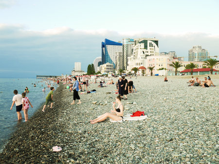 Batumi, Georgia. August 1, 2023. People on the Black Sea beach.のeditorial素材