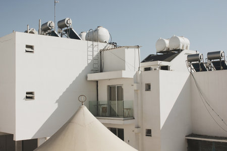 Water tanks on hotel roof in Ayia Napaの写真素材